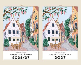 Calendario de pared de 12 meses para viajes 2026 - Mediados de año 2027 - Pinturas de Europa Occidental - Idea de regalo para el Día de la Madre - Regalo moderno - Decoración del hogar - Regalo para viajeros