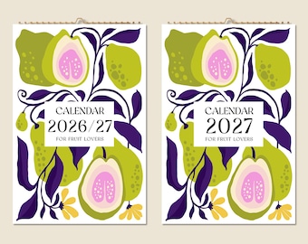 Calendario de pared de 12 meses 2026. Mediados de año 2027. Pinturas abstractas de frutas. Idea de regalo para el Día de la Madre. Regalo moderno para la decoración del hogar.