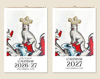 12 Months Wall Calendar 2026 Mid-year 2027 Weird Medieval Cats Paintings Mothers Day Gift Idea Funny Present Home Decor