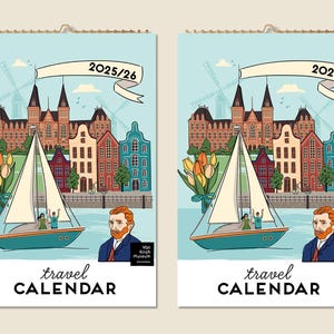 12 Months Wall Travel Calendar 2025 Mid-year 2026 World Cities Paintings Idea Modern Present Home Decor Travel Destinations Calendar
