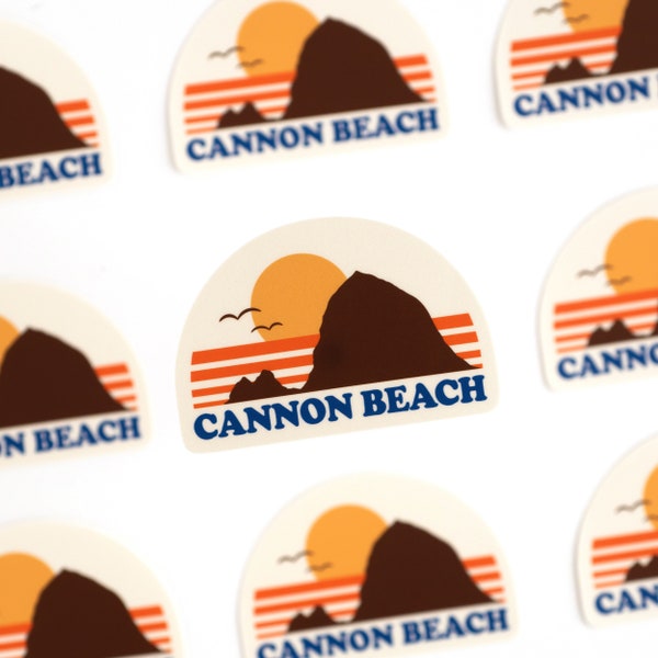 Cannon Beach, Oregon Sticker | Haystack Rock | Oregon Sticker | Pacific Ocean | PNW | Oregon Coast | Travel Memento | Retro Illustration