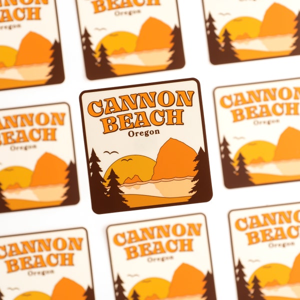 Cannon Beach Sunset Sticker | Oregon Sticker | Pacific Ocean | PNW | Oregon Coast | Travel Memento | Retro Illustration | Haystack Rock