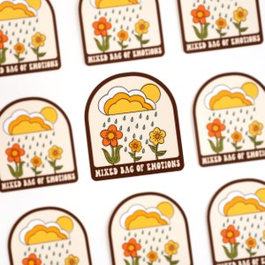 Sac mixte d'émotions autocollant | Fleurs illustrées | Rétro | Marguerite | Fleurs | Soleil | Pluie | Nuages | Sentiments