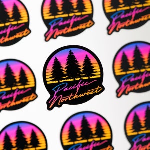 Pacific Northwest 80s Sticker | Evergreen | Washington | Oreogon | Montana | Idaho | Pine | Hiking | Camping | Adventure
