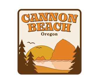 Cannon Beach Sunset Sticker | Oregon Sticker | Pacific Ocean | PNW | Oregon Coast | Travel Memento | Retro Illustration | Haystack Rock