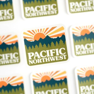 Retro Pacific Northwest Sunshine Sticker | Mountains & Forest | Washington | Oregon | Montana | Idaho | Pine | Hiking | Camping | Adventure