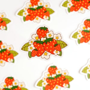autocollant fraises | Fraises et fleurs mignonnes illustrées | Rétro | Fleurs | Fruits