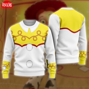 A white and yellow sweater with red and yellow designs, resembling a character from the Toy Story movie.