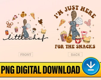 Può includere: Un download digitale di un design di sublimazione con un cuoco di ratto dei cartoni animati che tiene un cucchiaio di legno. Il ratto è circondato da cibo e icone di Topolino. Il testo "I'm just here for the snacks" è scritto in testo marrone. Il testo "littlechef" è scritto in testo nero.