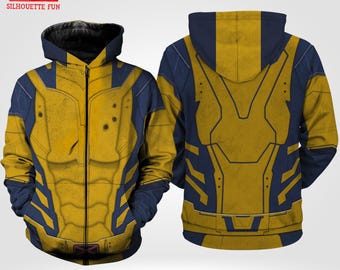 May include: Yellow and navy blue zip-up hoodie with a design resembling a superhero costume. The hoodie features a front and back view, showcasing the detailed graphic print. The design includes a hood, pockets, and a full-length zipper. The logo "SILHOUETTE FUN" is in the top left corner.