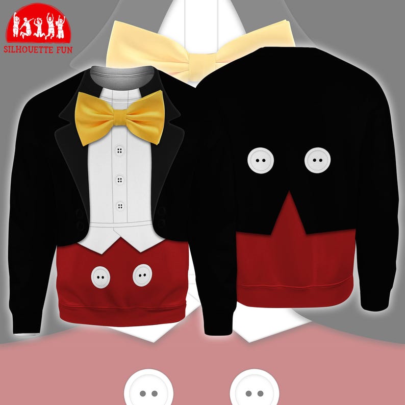 a tuxedo with a yellow bow tie and a red skirt, along with a black jacket and red pants.