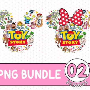 May include: Two Toy Story themed Mickey Mouse ear designs. The left ear features Woody, Buzz Lightyear, Jessie, and other characters from the movie. The right ear features a red and white polka dot bow. Both ears have the words "Toy Story" in yellow letters.