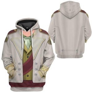 A hooded jacket with a tie and a coat-like design, featuring a gray color and red accents.
