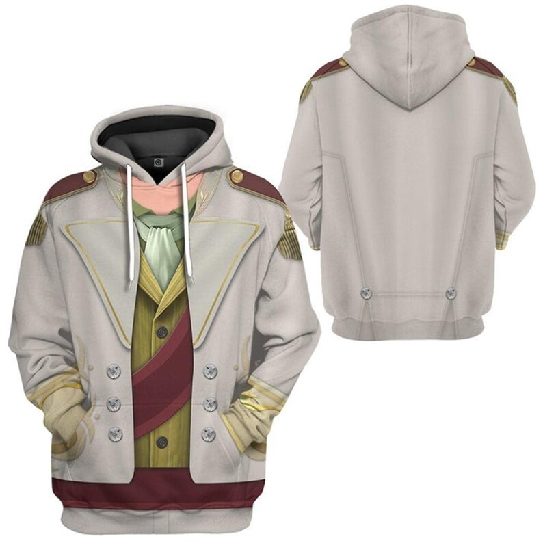 A hooded jacket with a tie and a coat-like design, featuring a gray color and red accents.