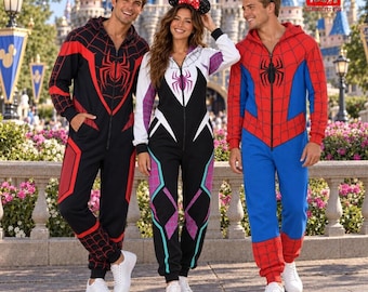 May include: Three hooded jumpsuits featuring Spider-Man and Spider-Gwen designs. The left is black and red with a spider emblem, the center is white, black, and purple with a spider emblem, and the right is red and blue with a spider emblem.