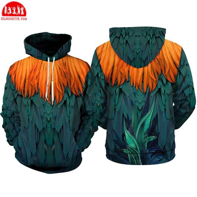 A hooded sweatshirt with a vibrant, colorful feather pattern in shades of green, orange, and blue. The pattern appears to be a design inspired by nature, with the feathers appearing to be spread out in a dynamic, eye-catching arrangement.