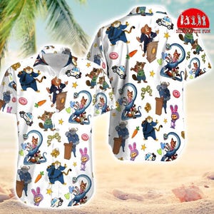 Zootopia Hawaiian Button Up Shirt, Judy Hopps Nick Wilde Aloha Shirt, Disneyland Cartoon Tropical Hawaiian, Judy And Nick Hawaiian Shirt image 1