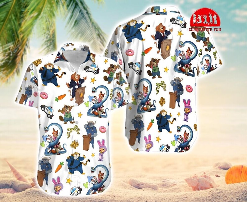 Zootopia Hawaiian Button Up Shirt, Judy Hopps Nick Wilde Aloha Shirt, Disneyland Cartoon Tropical Hawaiian, Judy And Nick Hawaiian Shirt image 1