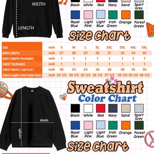 The image is a color chart for a hoodie, providing measurements and color options for different sizes.