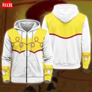 A white and yellow hoodie with red and yellow accents, featuring a zipper and pockets.