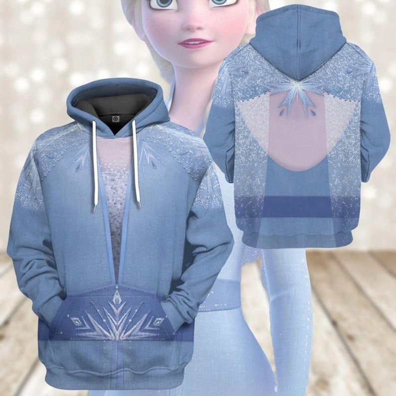 A hooded blue jacket with a design featuring a snowflake pattern and a hood. The jacket is shown from two different angles, with the front and back views.