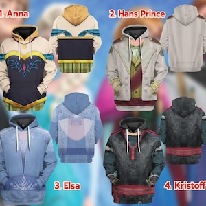 a collection of hooded sweatshirts or hooded jackets, each with different designs and colors, likely representing characters from a movie or TV show.
