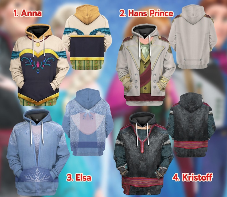 a collection of hooded sweatshirts or hooded jackets, each with different designs and colors, likely representing characters from a movie or TV show.
