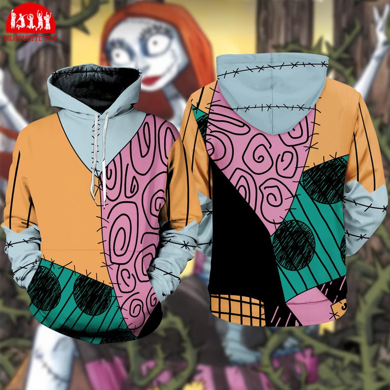 a colorful hoodie with a pattern resembling the character Sally from the movie Sally's Big Adventure.