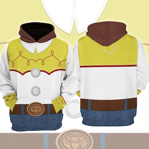 A yellow and white hoodie with a brown belt and a cowboy hat, as well as a white shirt with red and yellow stripes.