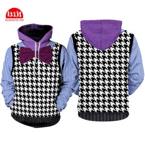 May include: A hooded sweatshirt with a purple hood and a black and white houndstooth pattern. The sweatshirt has a purple bow tie and a blue striped shirt design. The back of the sweatshirt also features the houndstooth pattern.