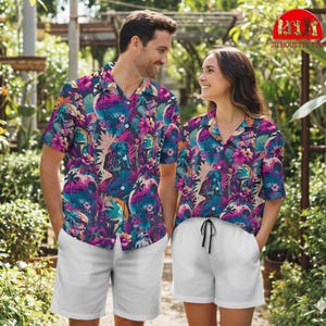 Starwars Synthwave Hawaiian Button Up Shirt, Disneyland Starwars Button Shirt, Summer Beach Shirt, Vacation Shirt, Gift For Him