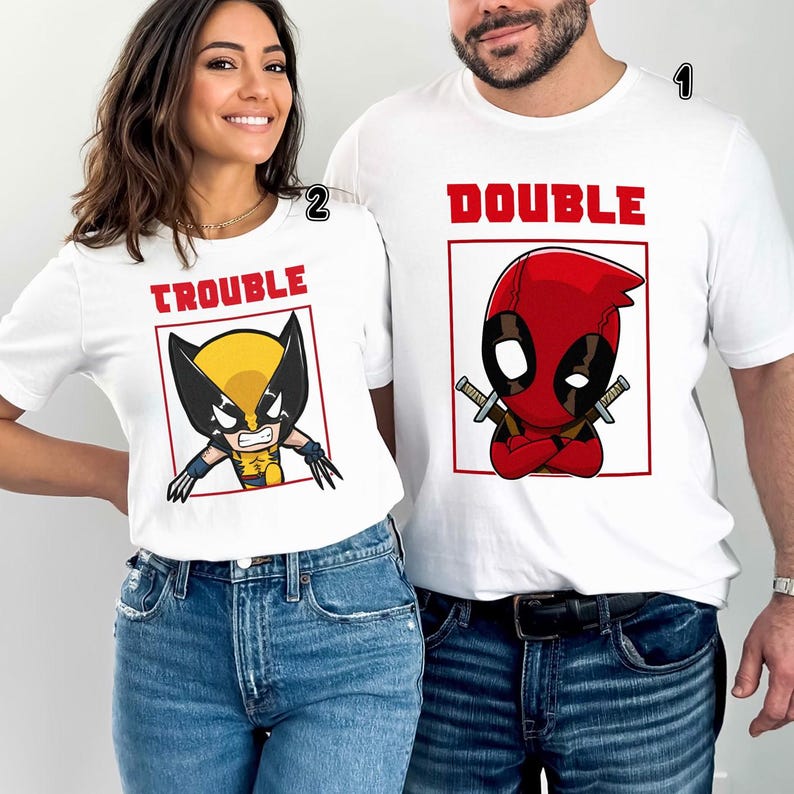 Deadpool and Wolverine Double Trouble Shirt, Deadpool 3 Movie Shirt, Deadpool & Wolverine Shirt, Deadpool and Wolverine Tee, Couple Shirts image 4