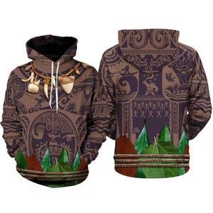 a hooded sweatshirt with a unique, intricate design on the front and back. The design includes various patterns, such as leaves, flowers, and geometric shapes, as well as a large, detailed emblem. The hood of the sweatshirt is adorned with a chain and a pendant, adding to the overall aesthetic of the piece.