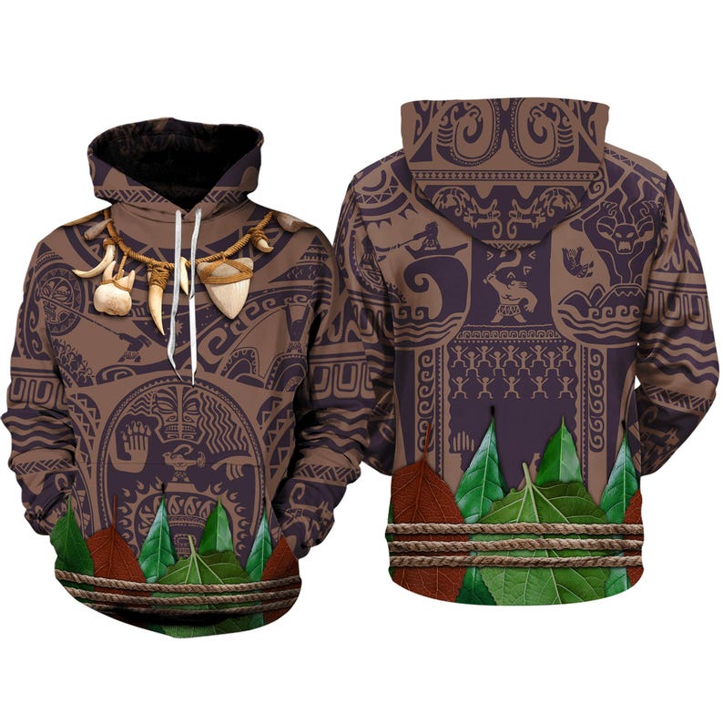a hooded sweatshirt with a unique, intricate design on the front and back. The design includes various patterns, such as leaves, flowers, and geometric shapes, as well as a large, detailed emblem. The hood of the sweatshirt is adorned with a chain and a pendant, adding to the overall aesthetic of the piece.