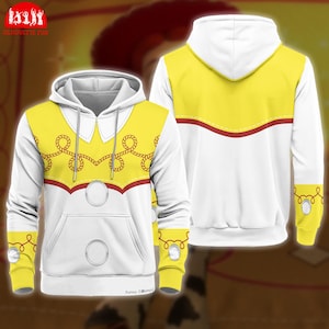 A white and yellow hoodie with red and yellow accents, featuring a design resembling a cowboy hat or a similar western-style headpiece.
