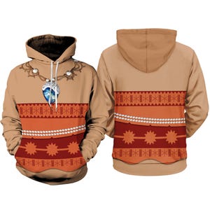 A hooded sweatshirt with a patterned design and a pendant on the front.