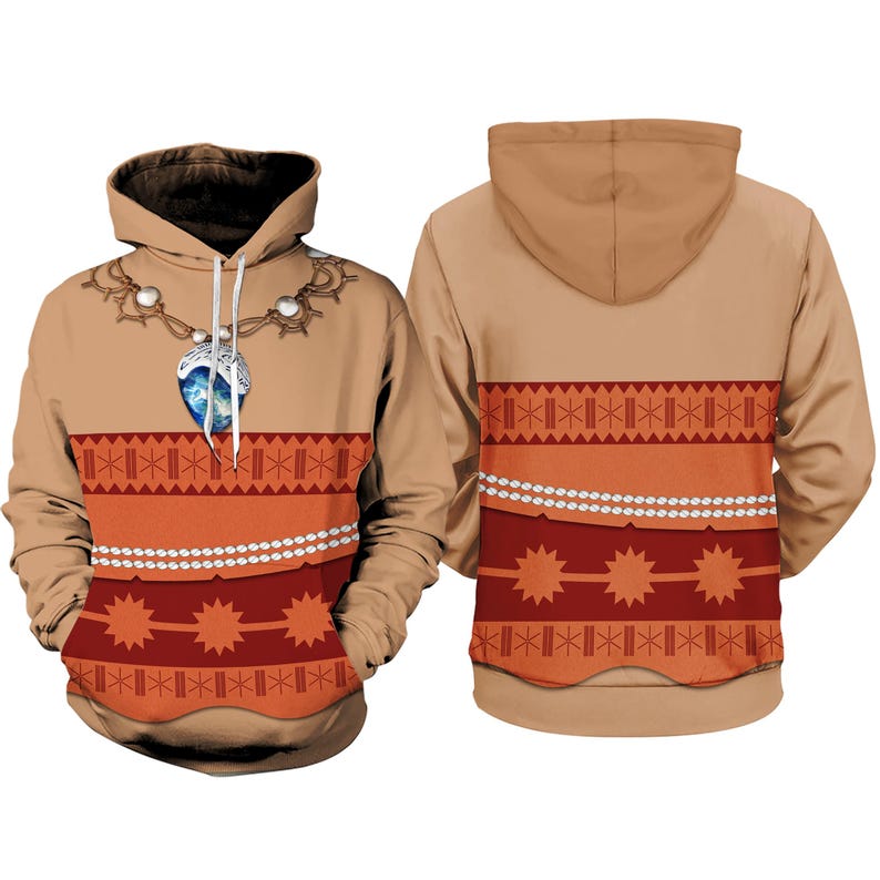 A hooded sweatshirt with a patterned design and a pendant on the front.