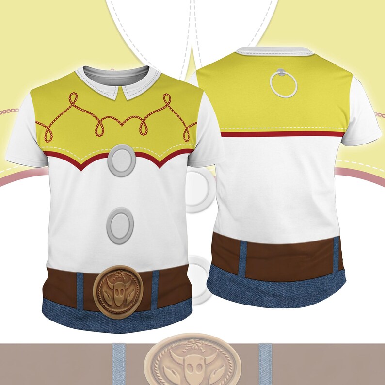 A t-shirt design featuring a yellow and white color scheme with red and white accents, resembling a character from the Toy Story franchise. The t-shirt has a belt with a buckle and a round emblem on the front.