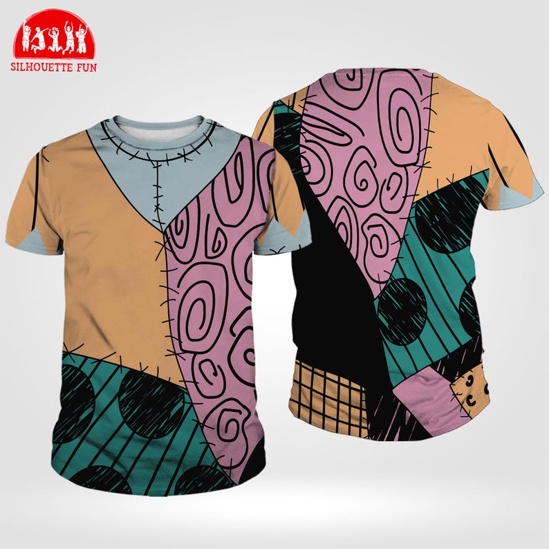 a colorful, abstract t-shirt design with various shapes, patterns, and colors.
