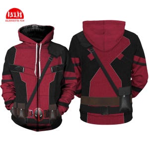 May include: Red and black hooded sweatshirt with a zipper closure and a graphic print of a superhero character. The sweatshirt has a black belt with a brown buckle and a small pocket on the right side.