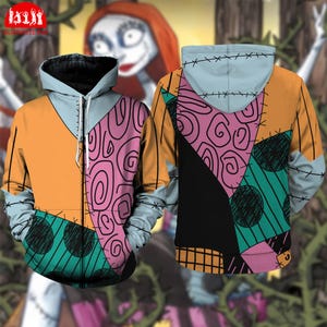A colorful hoodie with a pattern resembling the character Sally from the movie Sally's Big Shoes.