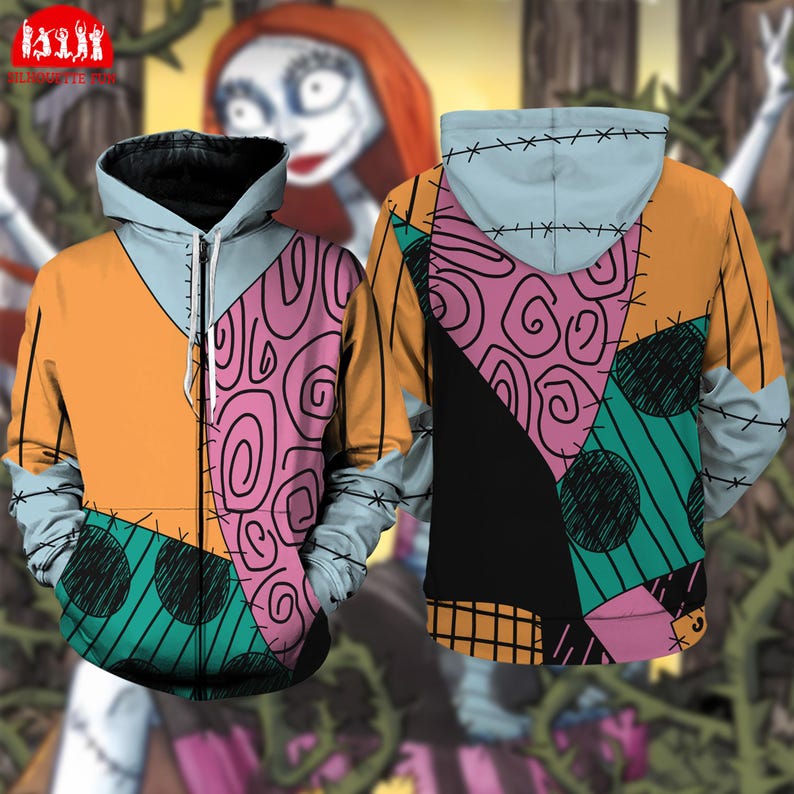 A colorful hoodie with a pattern resembling the character Sally from the movie Sally's Big Shoes.