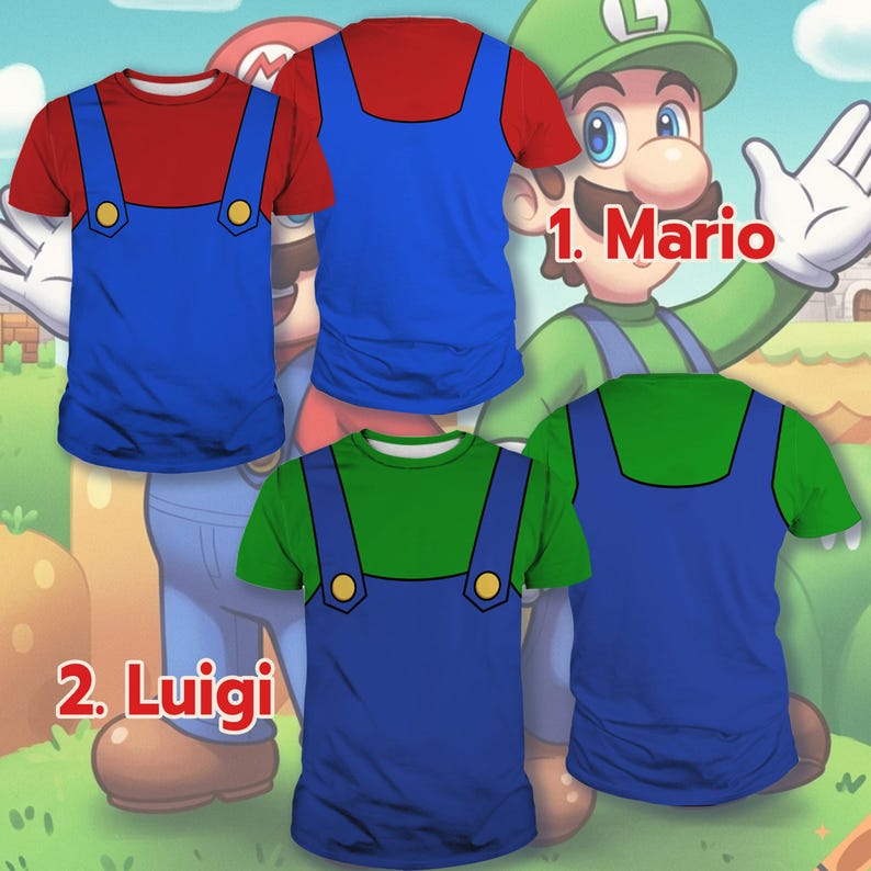 three t-shirts with Mario characters on them, along with a character named Luigi.