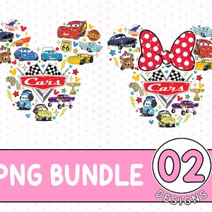 May include: Two Disney Cars themed Mickey Mouse ears with a red bow and white polka dots. The ears are filled with various Cars characters, including Lightning McQueen, Mater, and others. The text "Cars" is featured in the center of each ear.