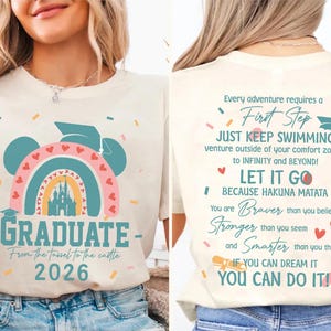 a white t-shirt with a colorful graphic design and text on the back.