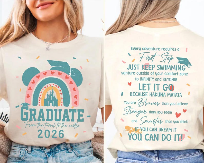 a white t-shirt with a colorful graphic design and text on the back.