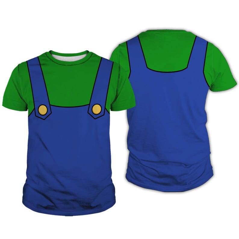 A t-shirt design featuring a green shirt with blue suspenders and a green vest.