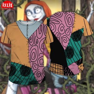 a colorful, patterned t-shirt with a design resembling the character Sally from the movie Sally's World.