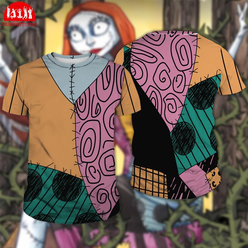a colorful, patterned t-shirt with a design resembling the character Sally from the movie Sally's World.