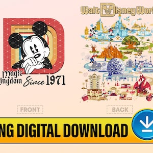 May include: A digital download of a vintage-style design featuring Mickey Mouse in front of a rainbow-colored "D" with the text "Magic Kingdom Since 1971". The back of the design features a colorful map of Walt Disney World.